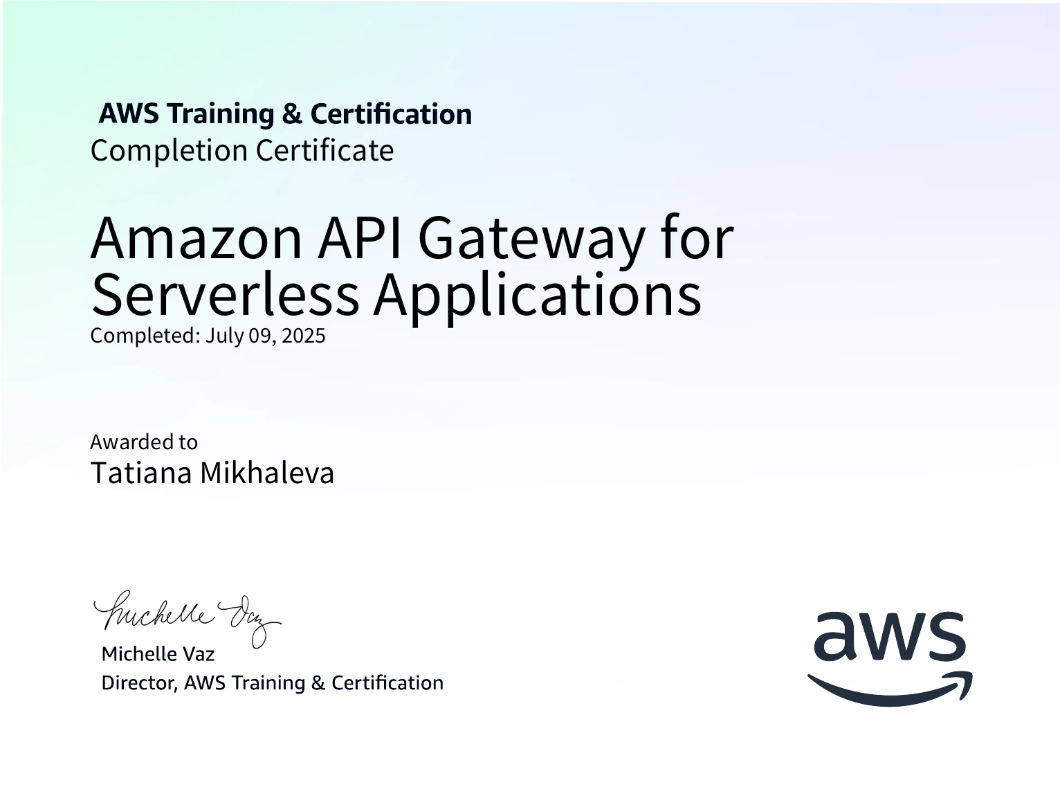 Tatiana Mikhaleva - Amazon API Gateway for Serverless Applications - Certificate