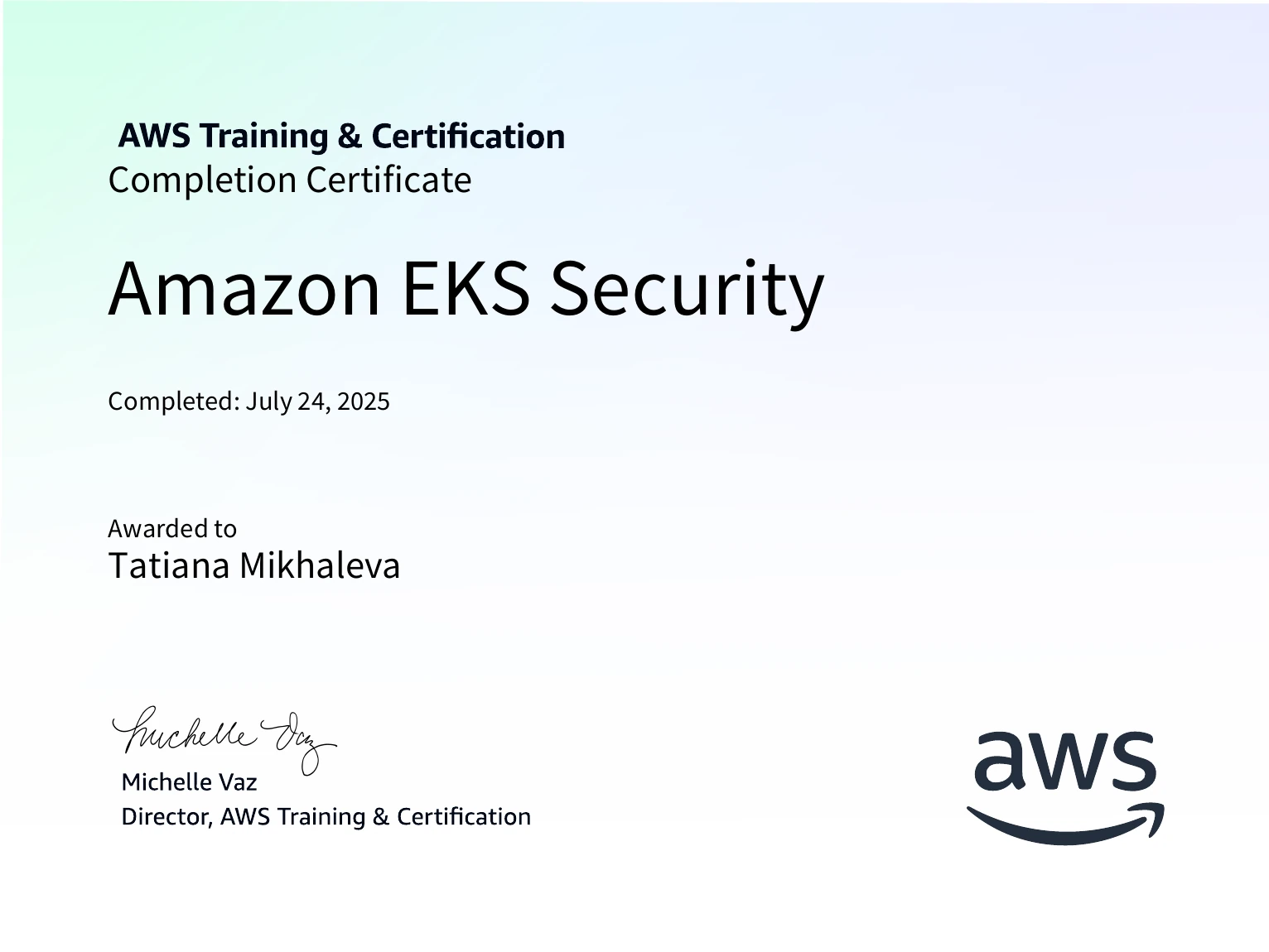 Tatiana Mikhaleva - Amazon EKS Security - Certificate