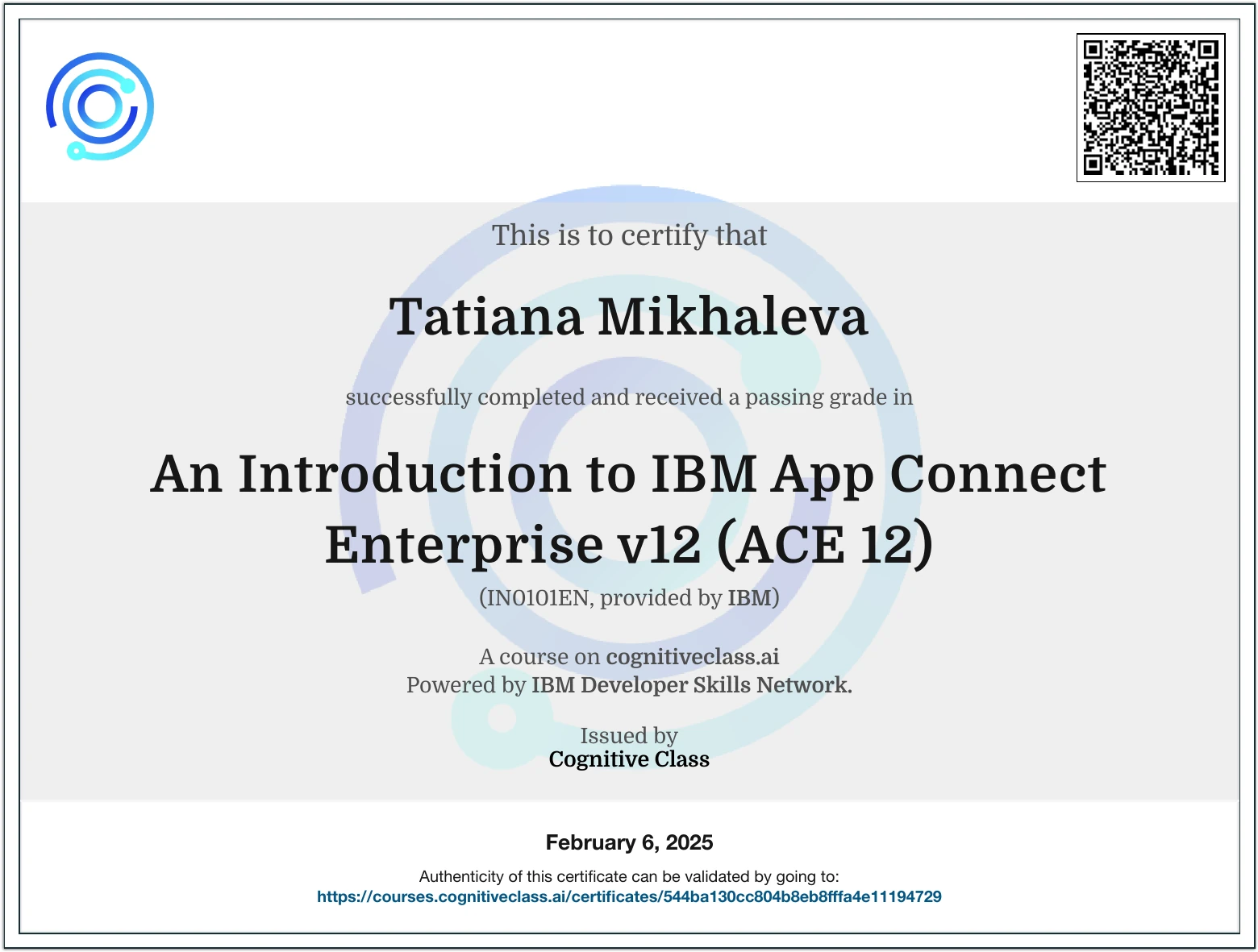 Tatiana Mikhaleva - IBM App Connect Enterprise v12 (ACE 12) - Certificate