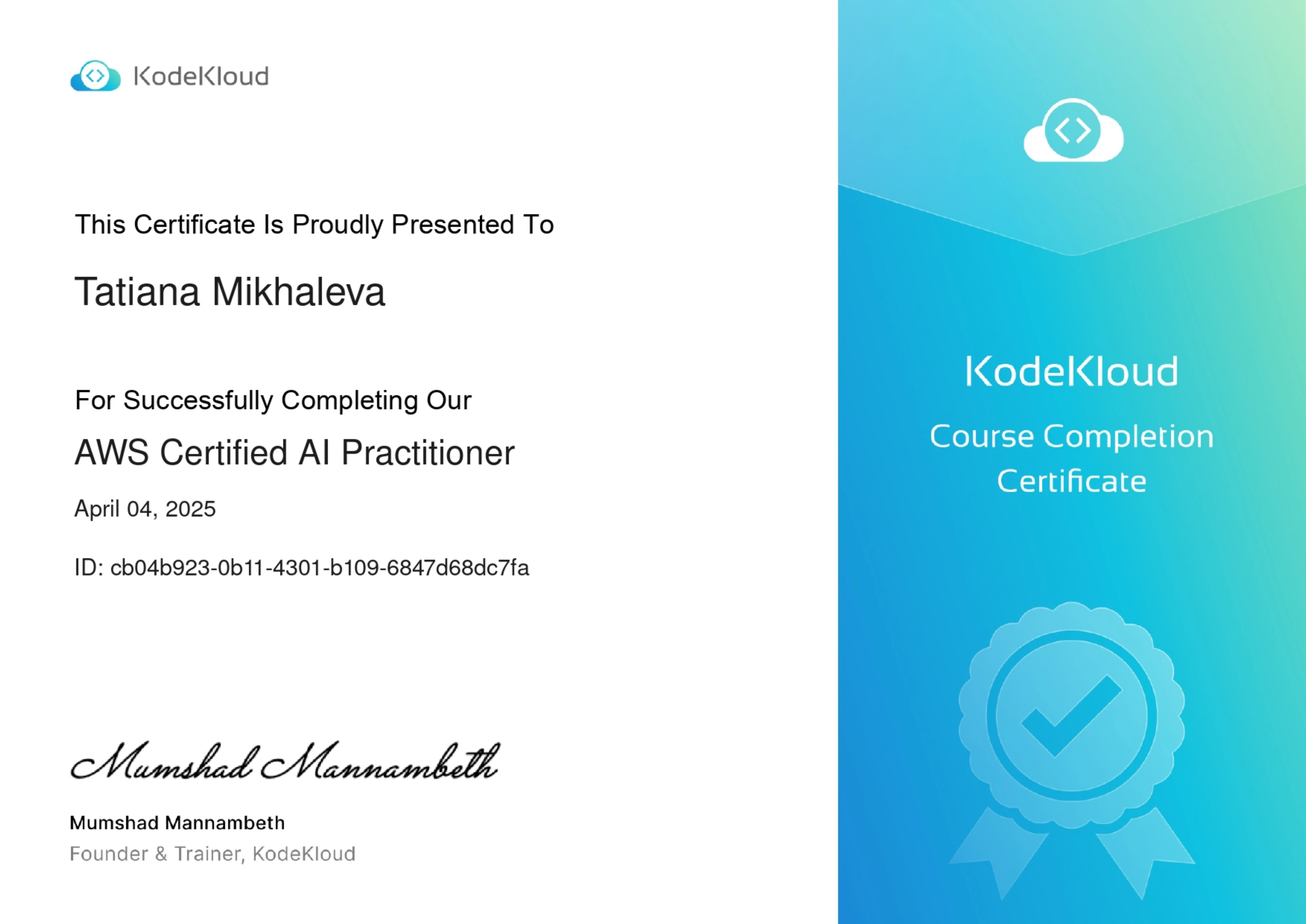 Tatiana Mikhaleva - AWS Certified AI Practitioner - Certificate