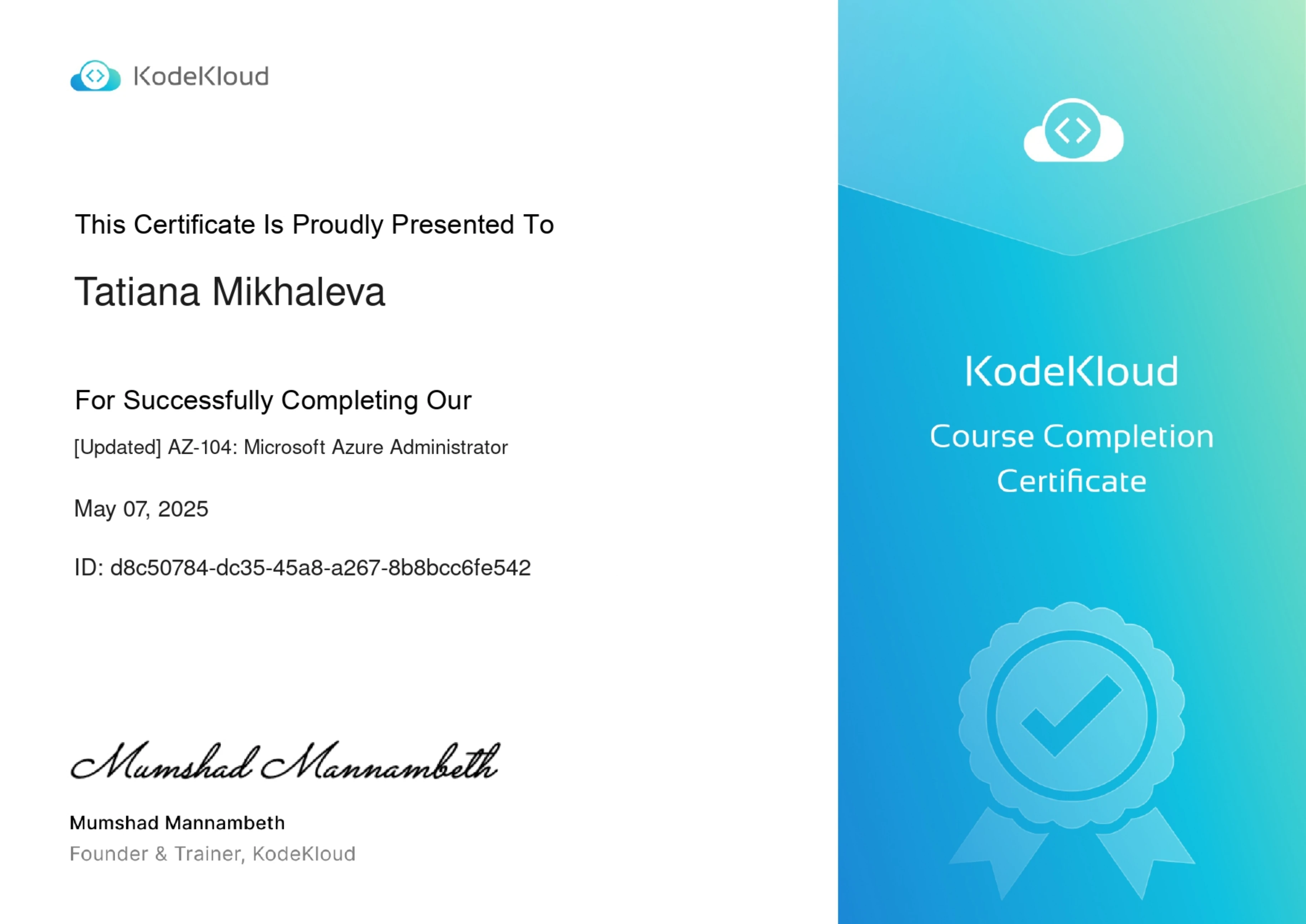 Tatiana Mikhaleva - Microsoft Azure Administrator (AZ-104) - Certificate