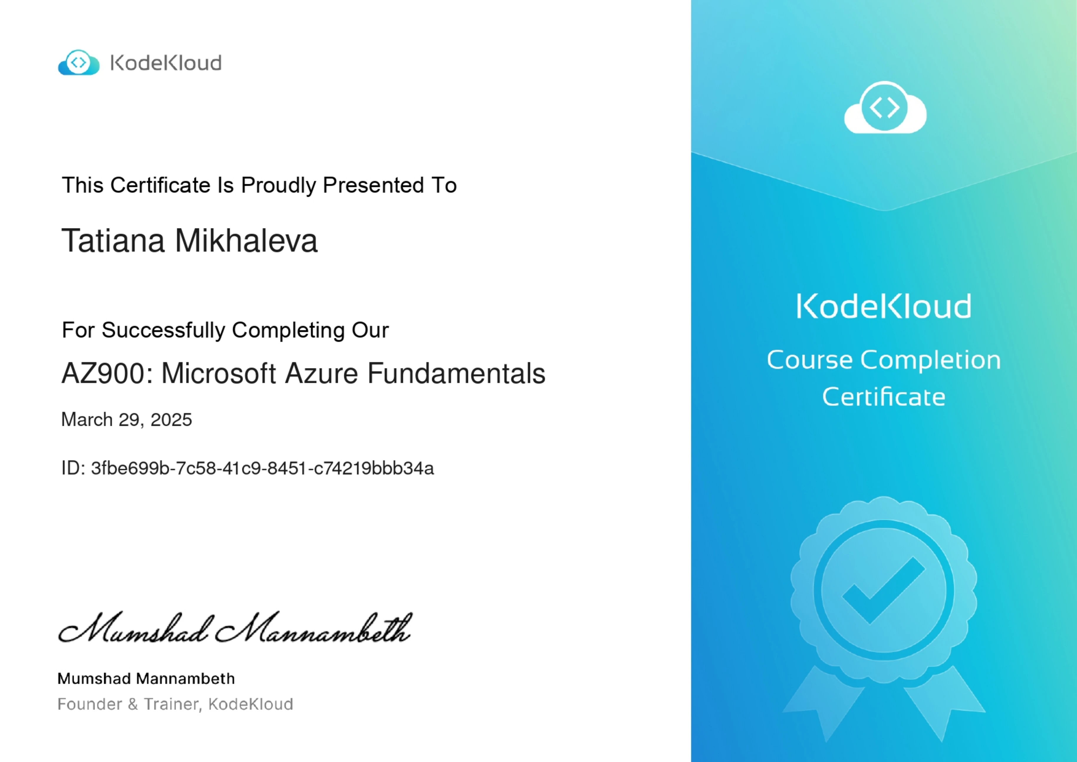 Tatiana Mikhaleva - Microsoft Azure Fundamentals (AZ900) - Certificate