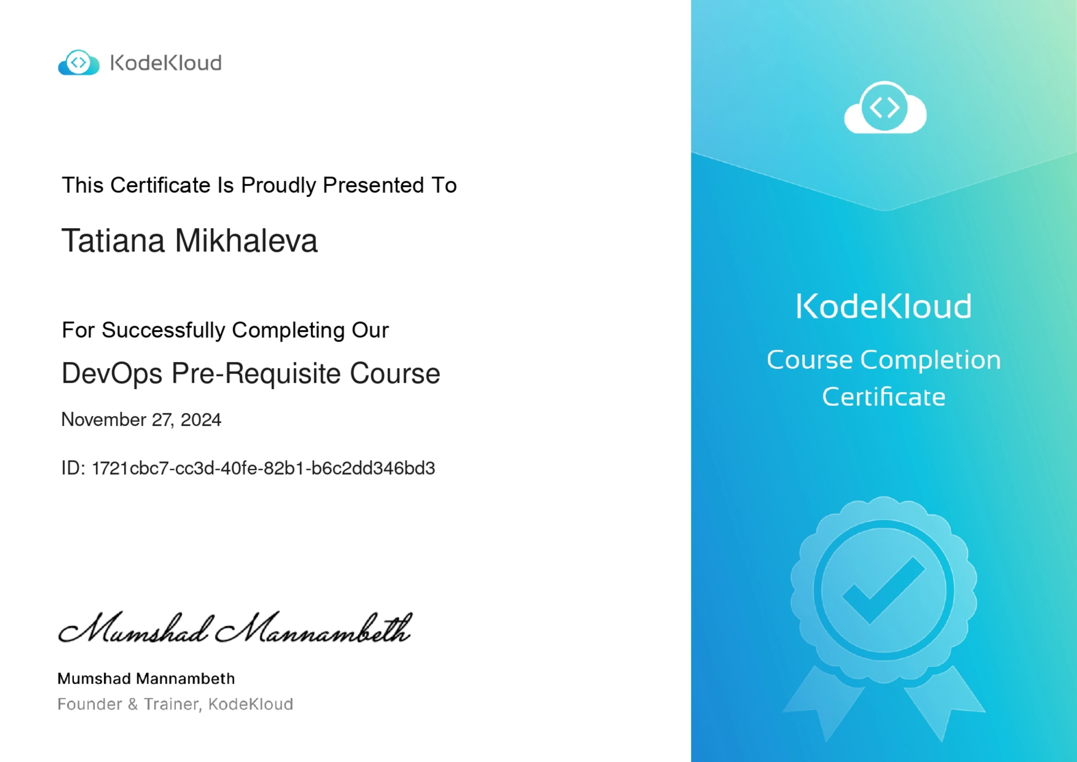 Tatiana Mikhaleva - DevOps Pre-Requisite Course - Certificate