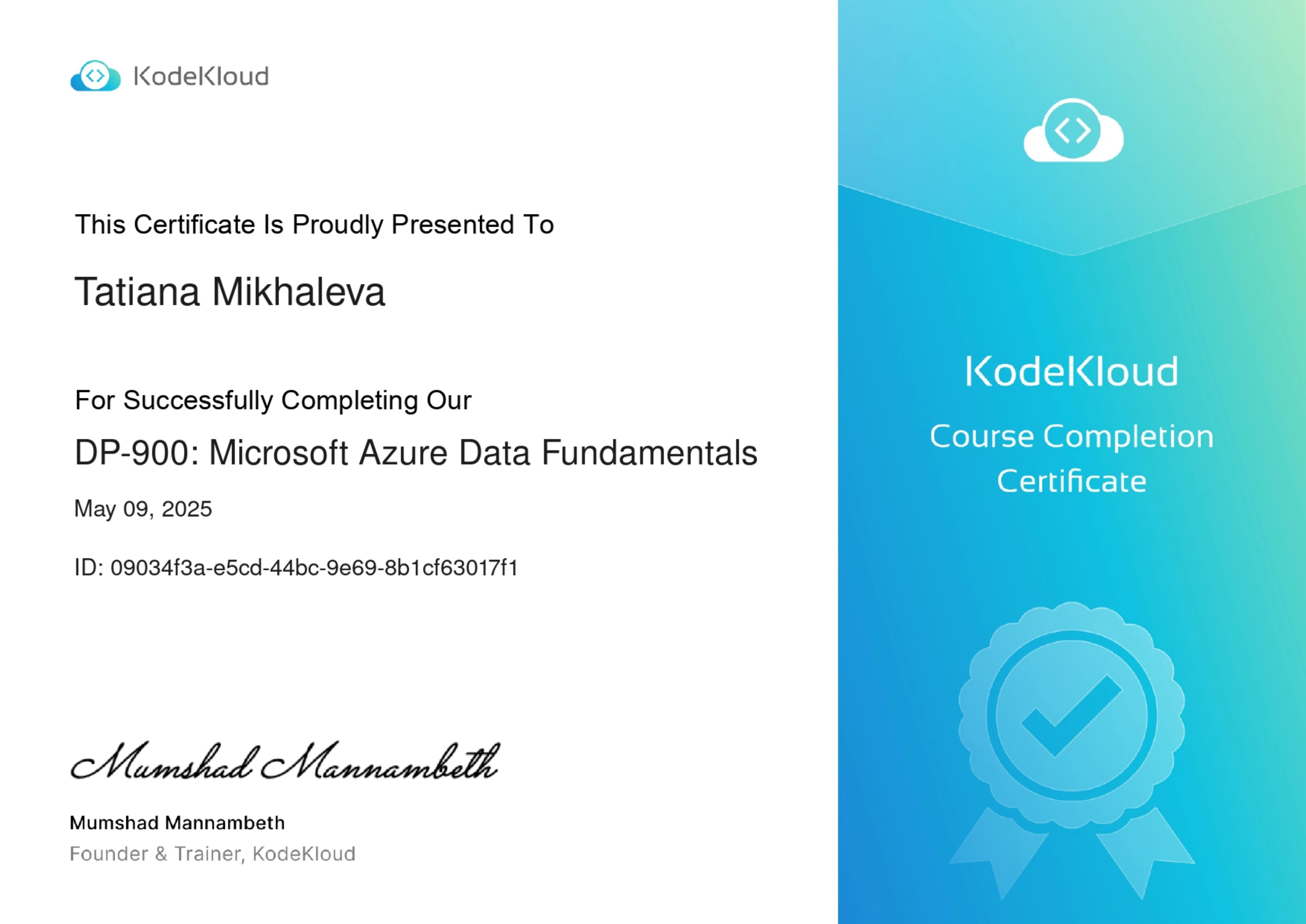Tatiana Mikhaleva - Microsoft Azure Data Fundamentals (DP-900) - Certificate