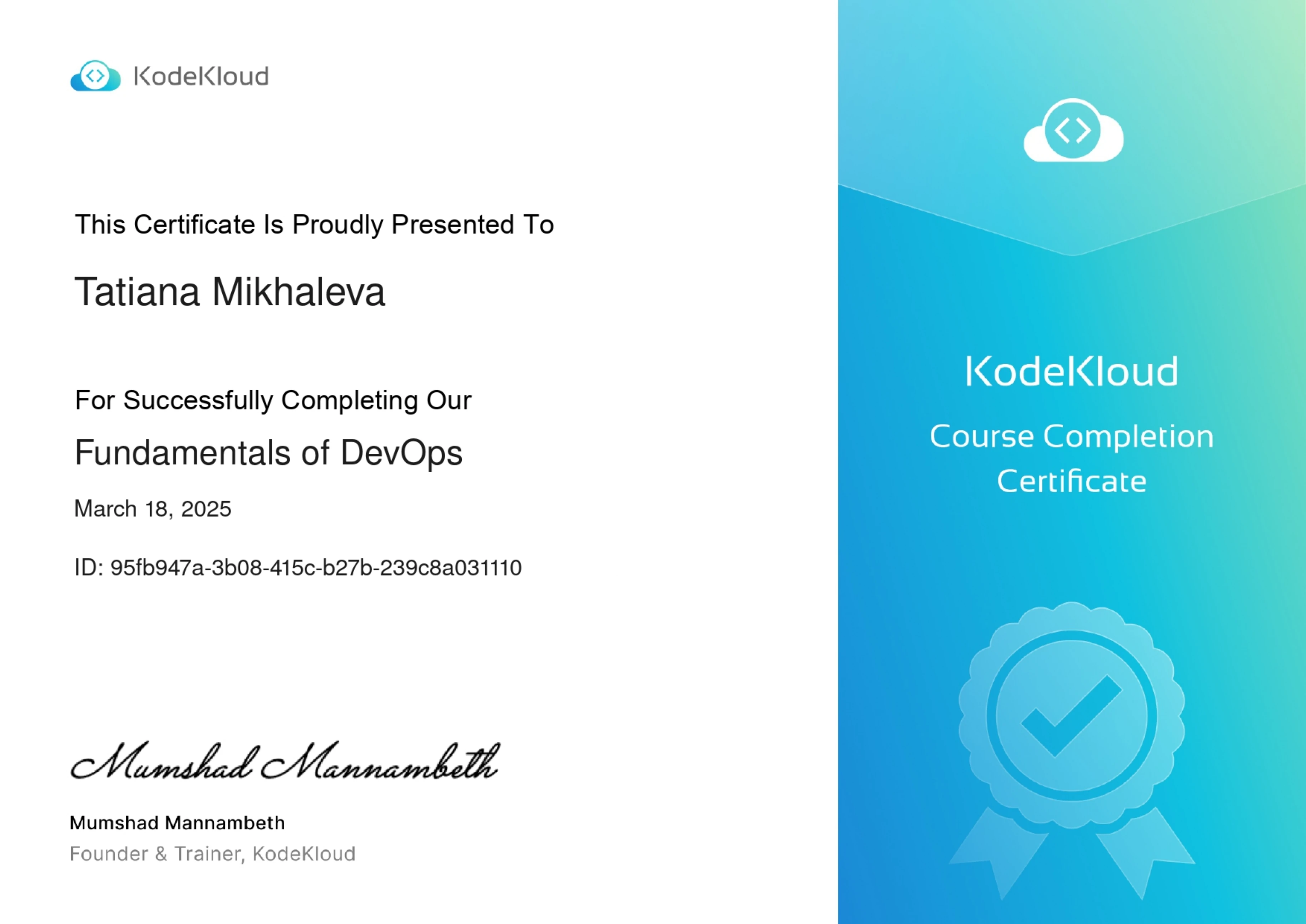 Tatiana Mikhaleva - Fundamentals of DevOps - Certificate