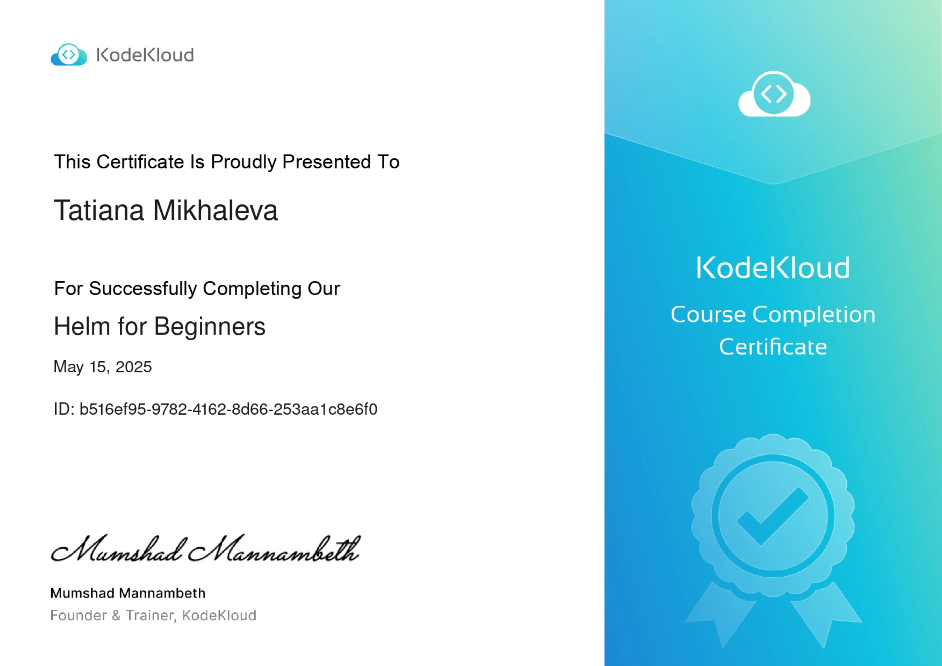 Tatiana Mikhaleva - Helm for Beginners - Certificate