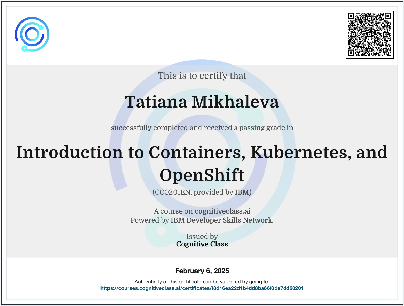 Tatiana Mikhaleva - Introduction to Containers, Kubernetes, and OpenShift - Certificate