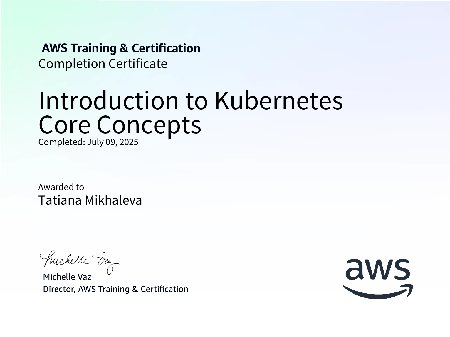 Tatiana Mikhaleva - Introduction to Kubernetes Core Concepts - Certificate