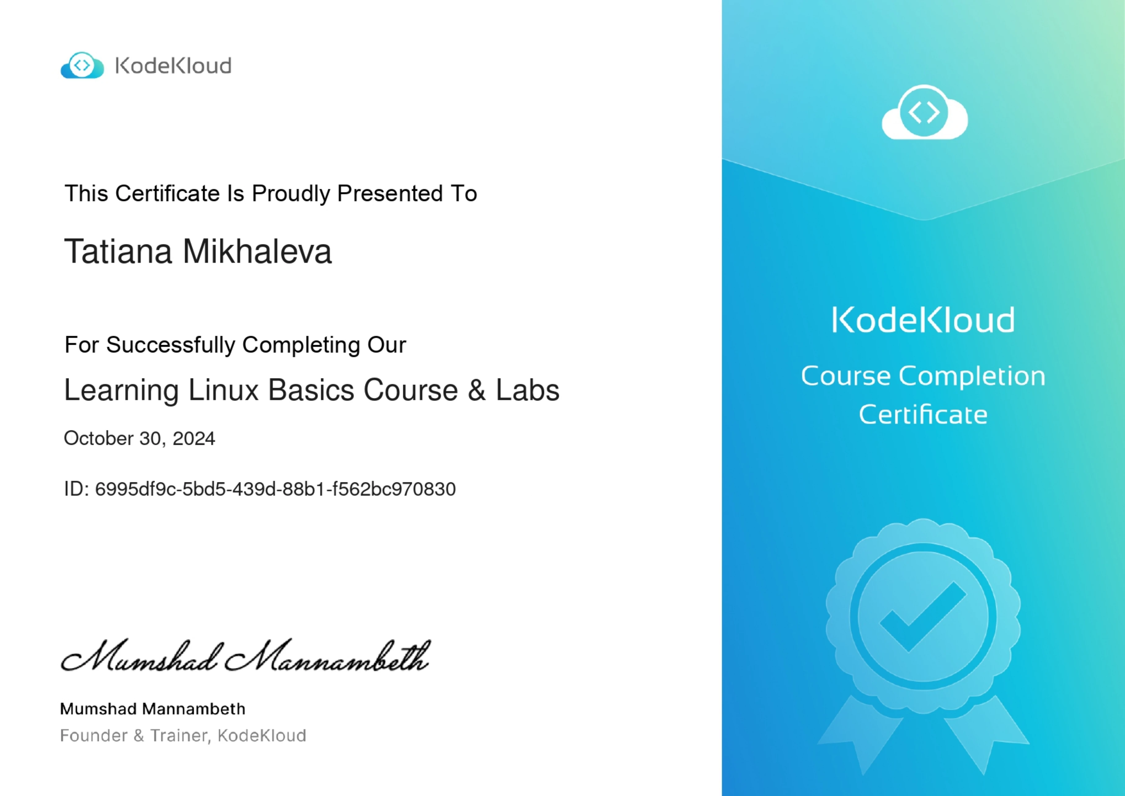 Tatiana Mikhaleva - Learning Linux Basics Course & Labs - Certificate