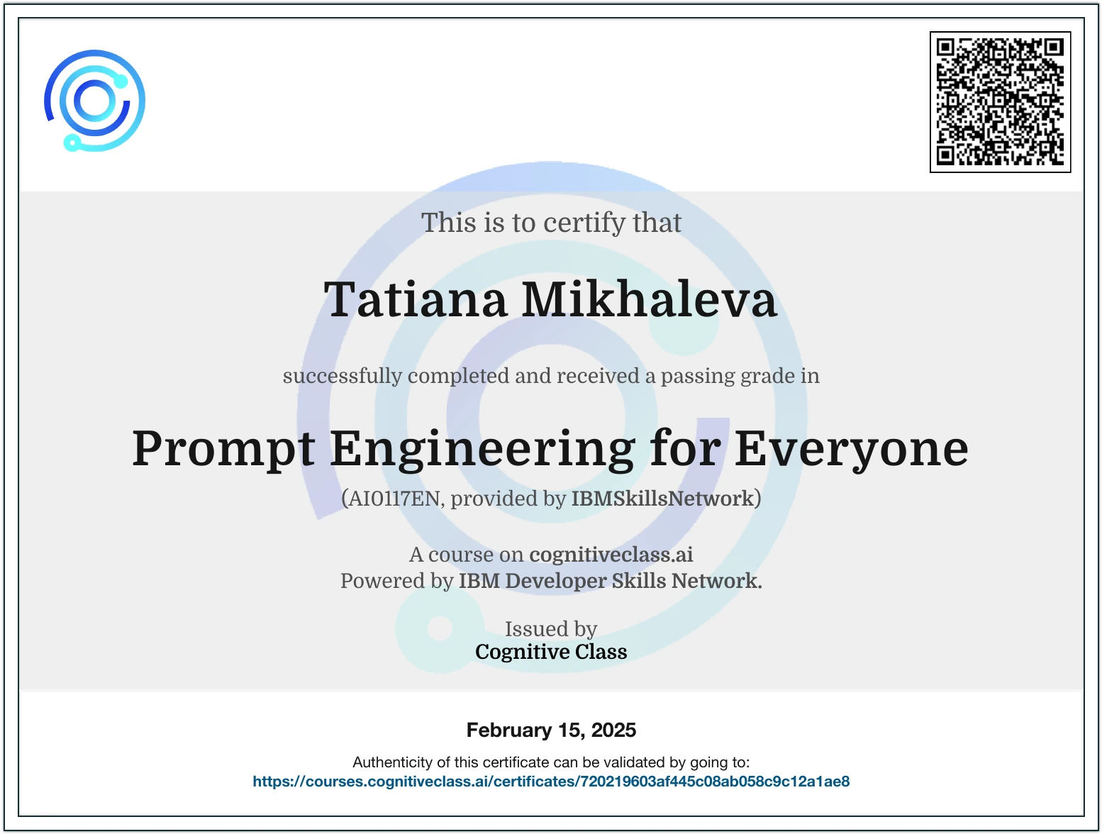 Tatiana Mikhaleva - Prompt Engineering for Everyone - Certificate
