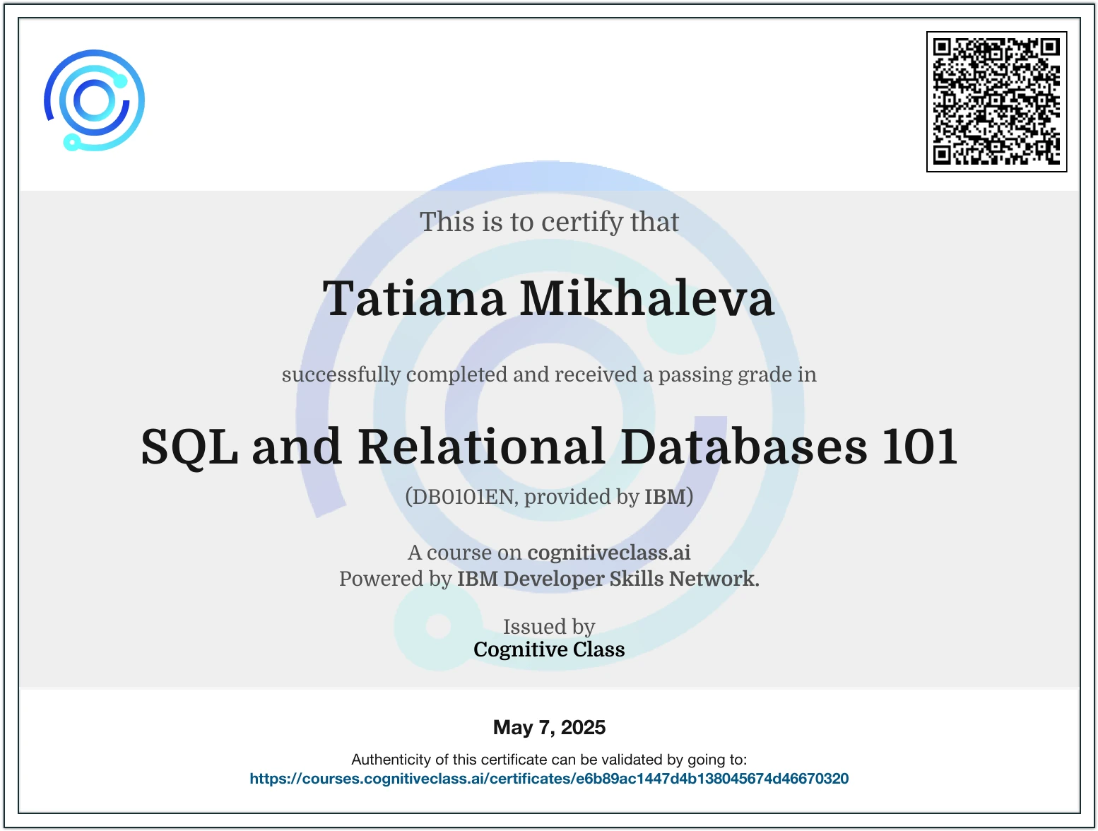 Tatiana Mikhaleva - SQL and Relational Databases 101 - Certificate
