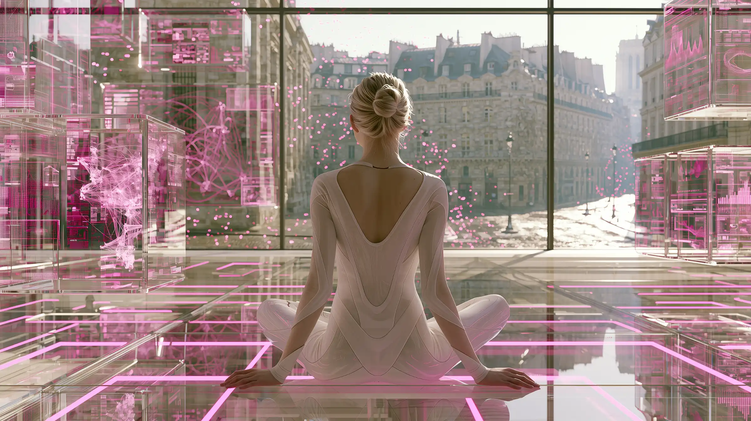 A woman in a white bodysuit sits cross-legged among glowing pink holographic data cubes in a glass room overlooking a sunlit Paris street