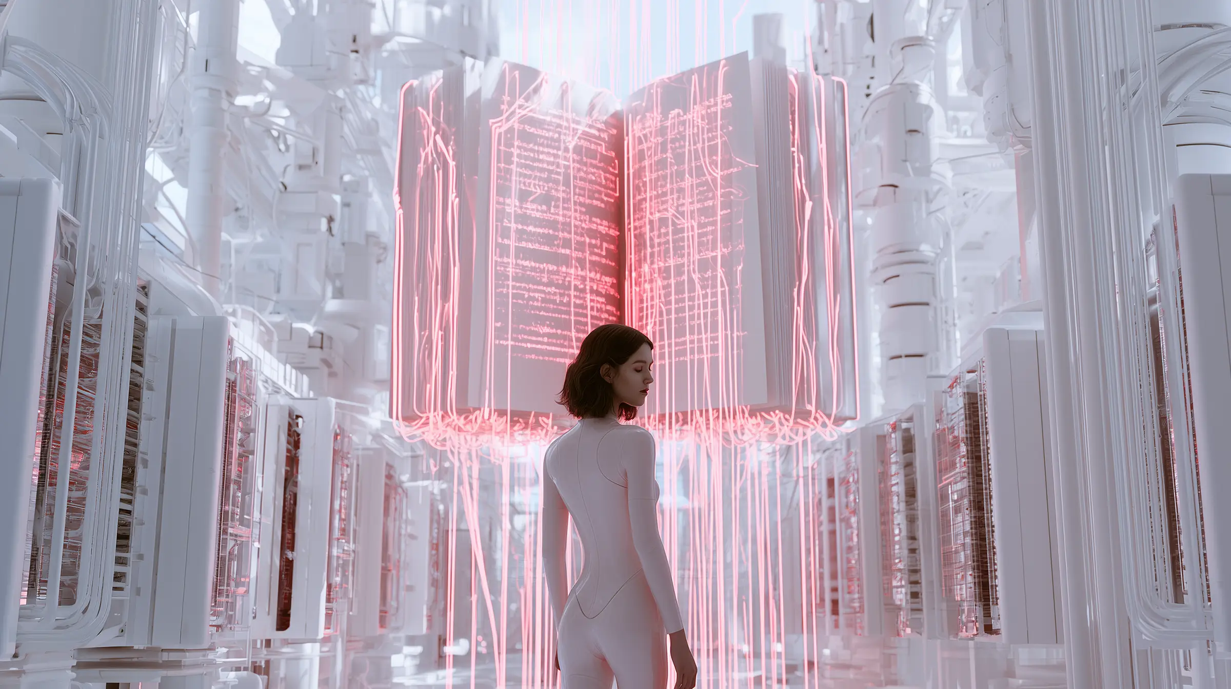 Cinematic AI render of a woman in a white bodysuit standing in a bright white server hall, a giant open book hovering behind her as hot-pink lines of glowing script rain from its pages into the racks