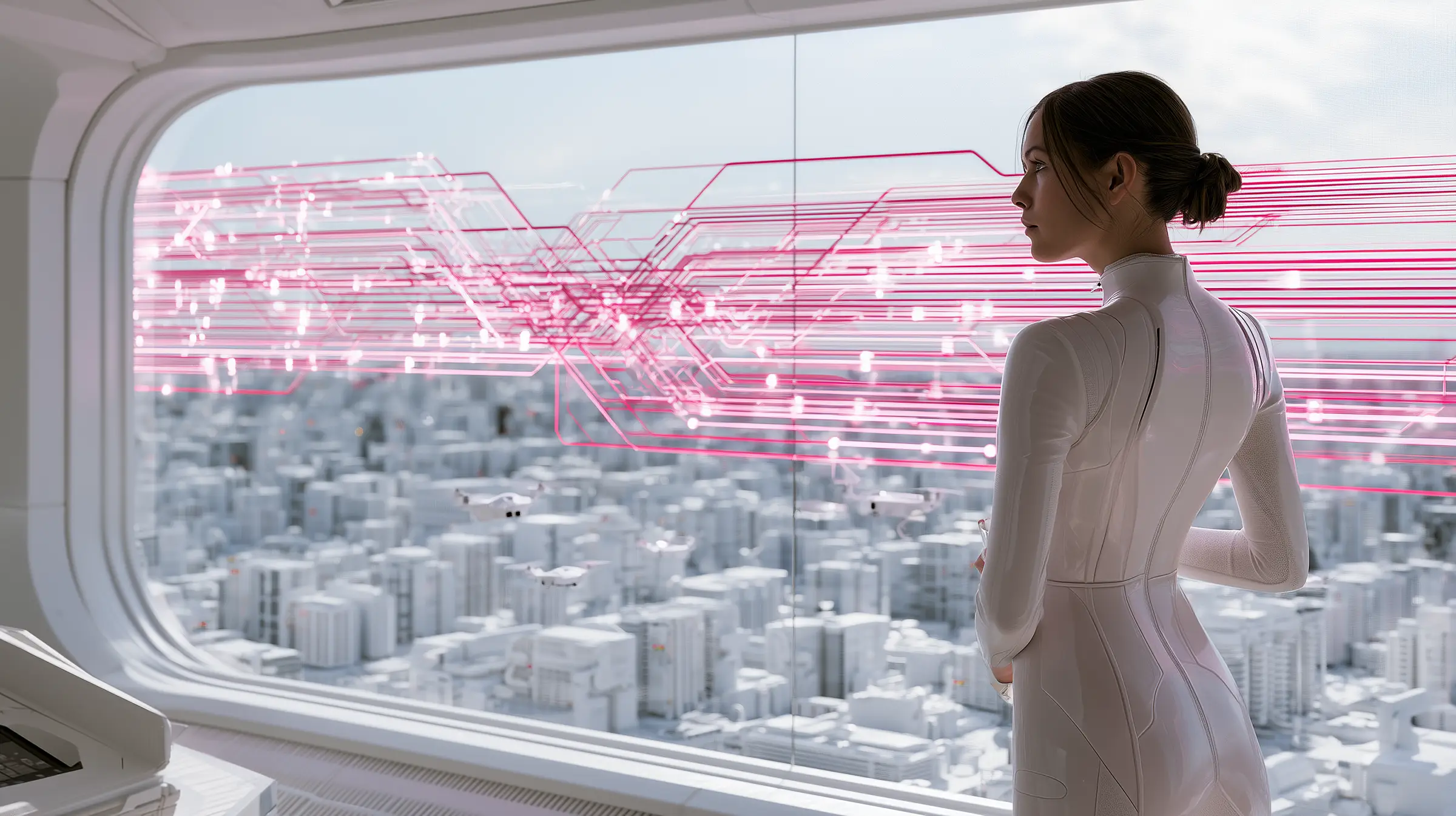 Cinematic AI render of a woman in a white bodysuit at the panoramic window of a bright white control tower, watching hot-pink git branch lines with glowing commit nodes stream across the glass while small white drones hover over a miniature white city below